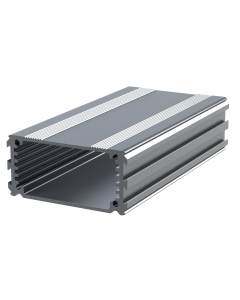 The E-Case A is an extruded aluminium enclosure box section designed to fit a 55mm wide PCB. The maximum height of components on a board is 18.6mm. In cut lengths of 40mm, 80mm or 120mm